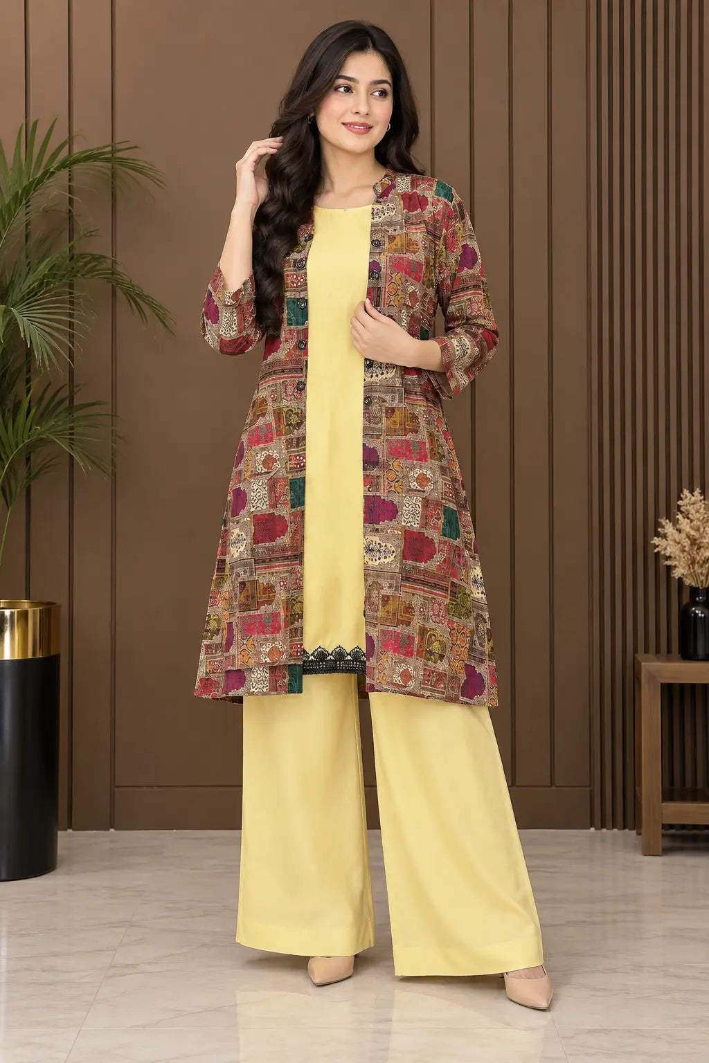 3 Pcs Women's Stitched Linen Printed Gown Suit