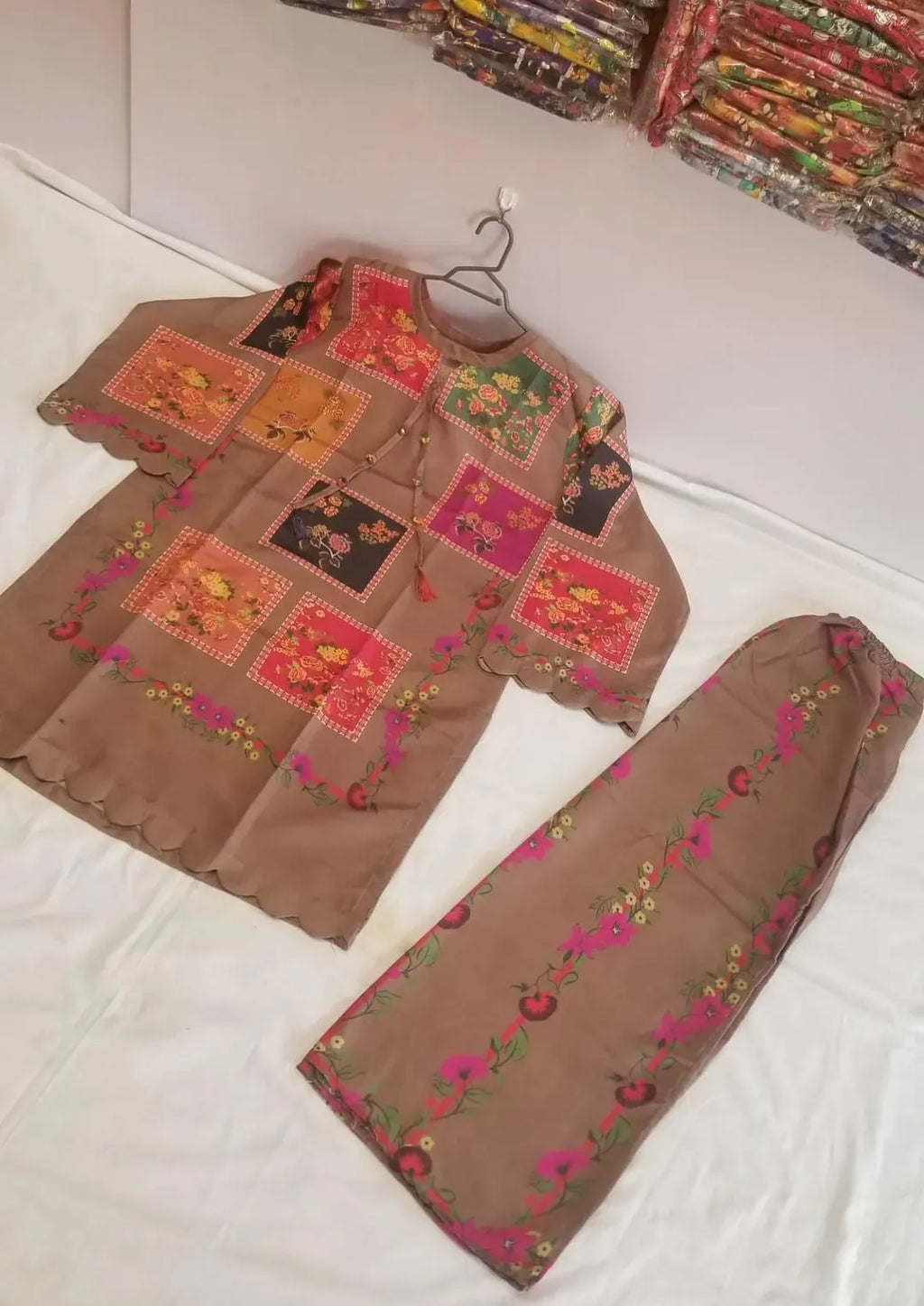 Pakistani Printed Embroidered Kurta Pajama Set Brown Floral