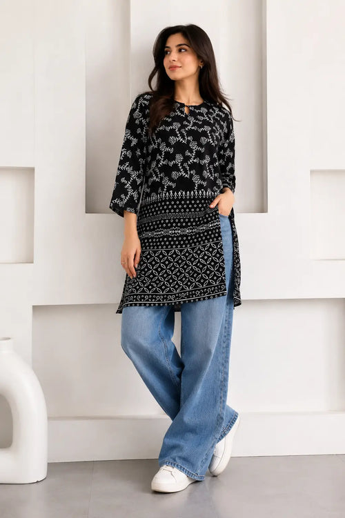 1Pc Women's Stitched Linen Block Printed Shirt Black Special
