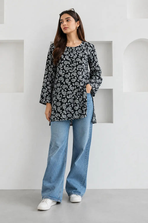 1Pc Women's Stitched Linen Block Printed Shirt Black Special