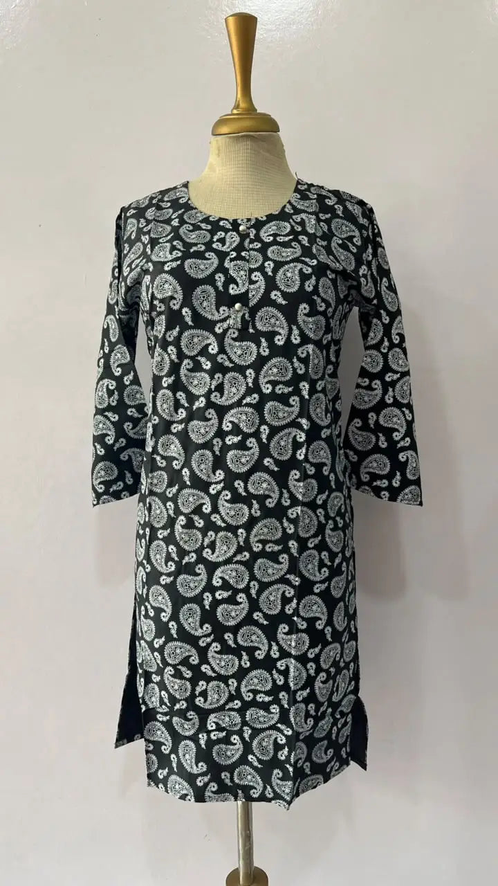 1Pc Women's Stitched Linen Block Printed Shirt Black Special