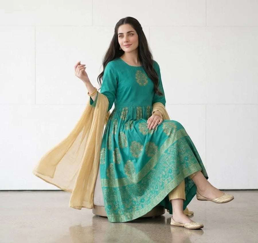 Green Block Printed Arabic Lawn Maxi Set for Women