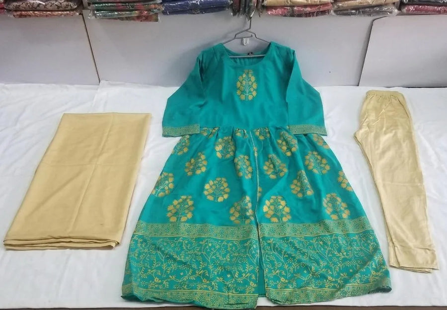 Green Block Printed Arabic Lawn Maxi Set for Women