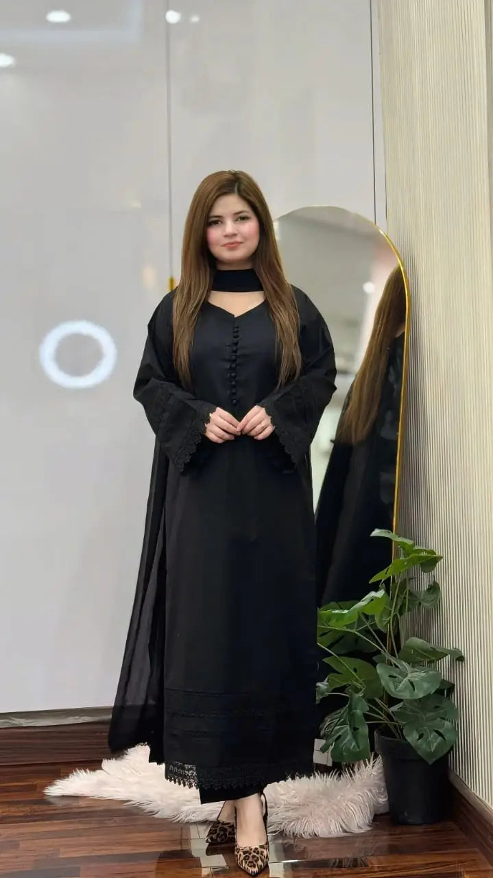 black long lace 3 Pcs Women's Stitched Linen Lace Work Suit