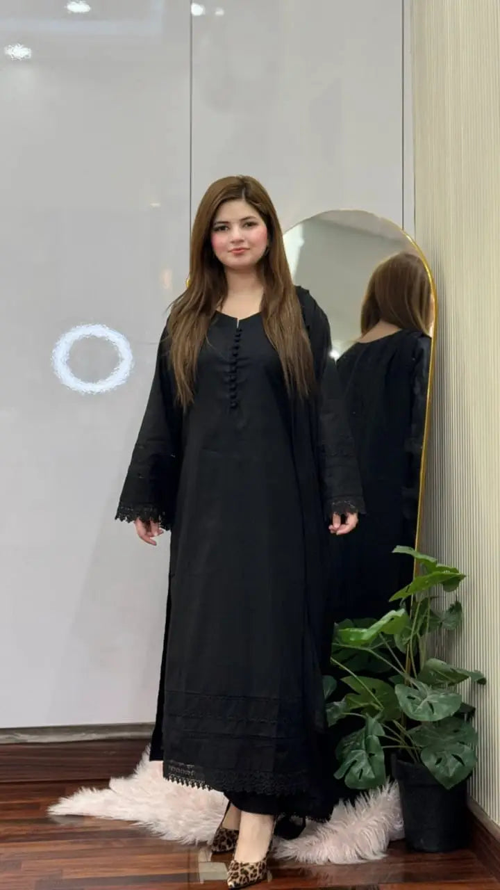 black long lace 3 Pcs Women's Stitched Linen Lace Work Suit
