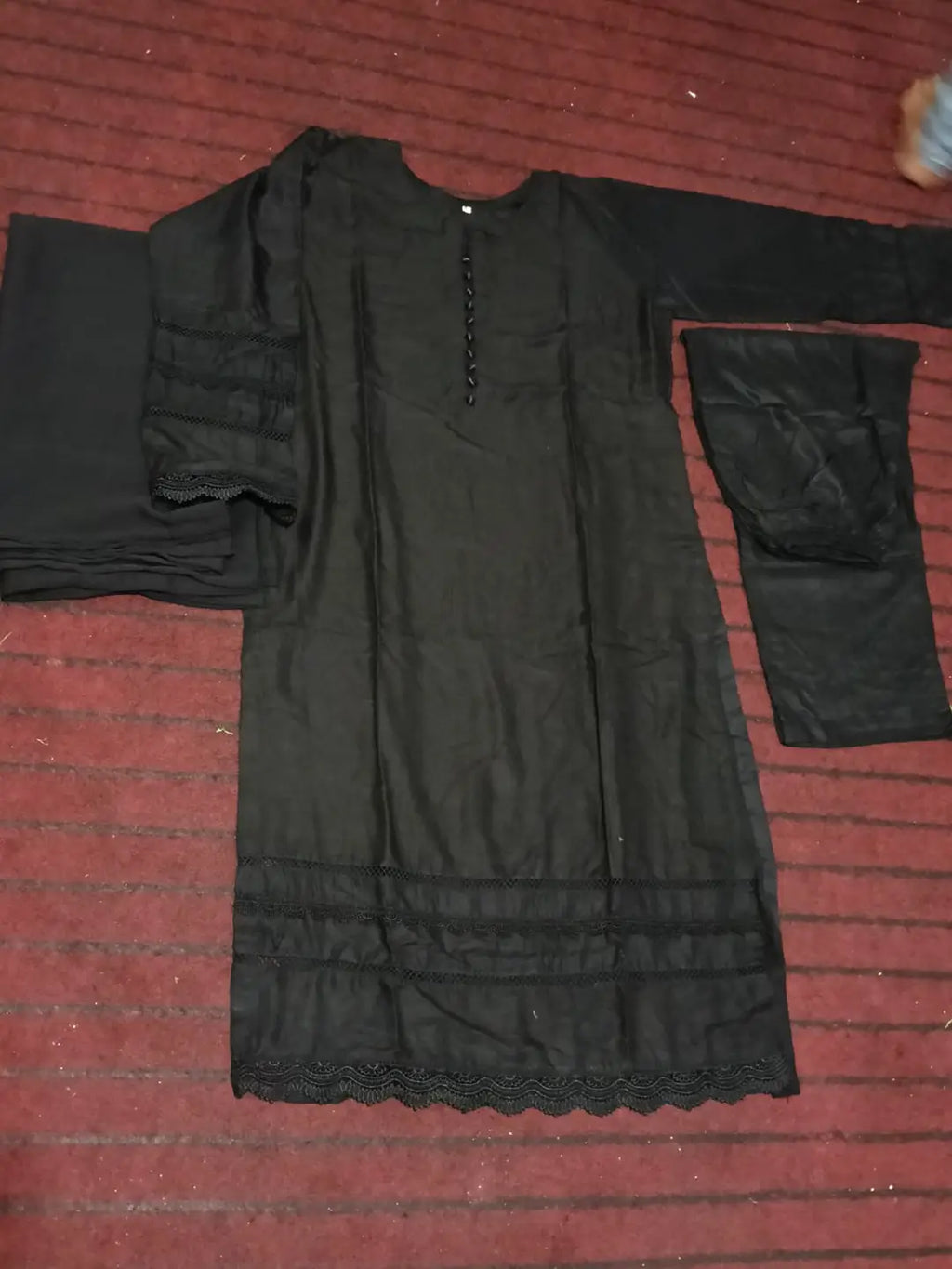 black long lace 3 Pcs Women's Stitched Linen Lace Work Suit