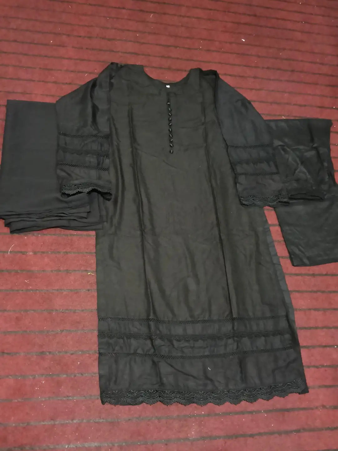 black long lace 3 Pcs Women's Stitched Linen Lace Work Suit