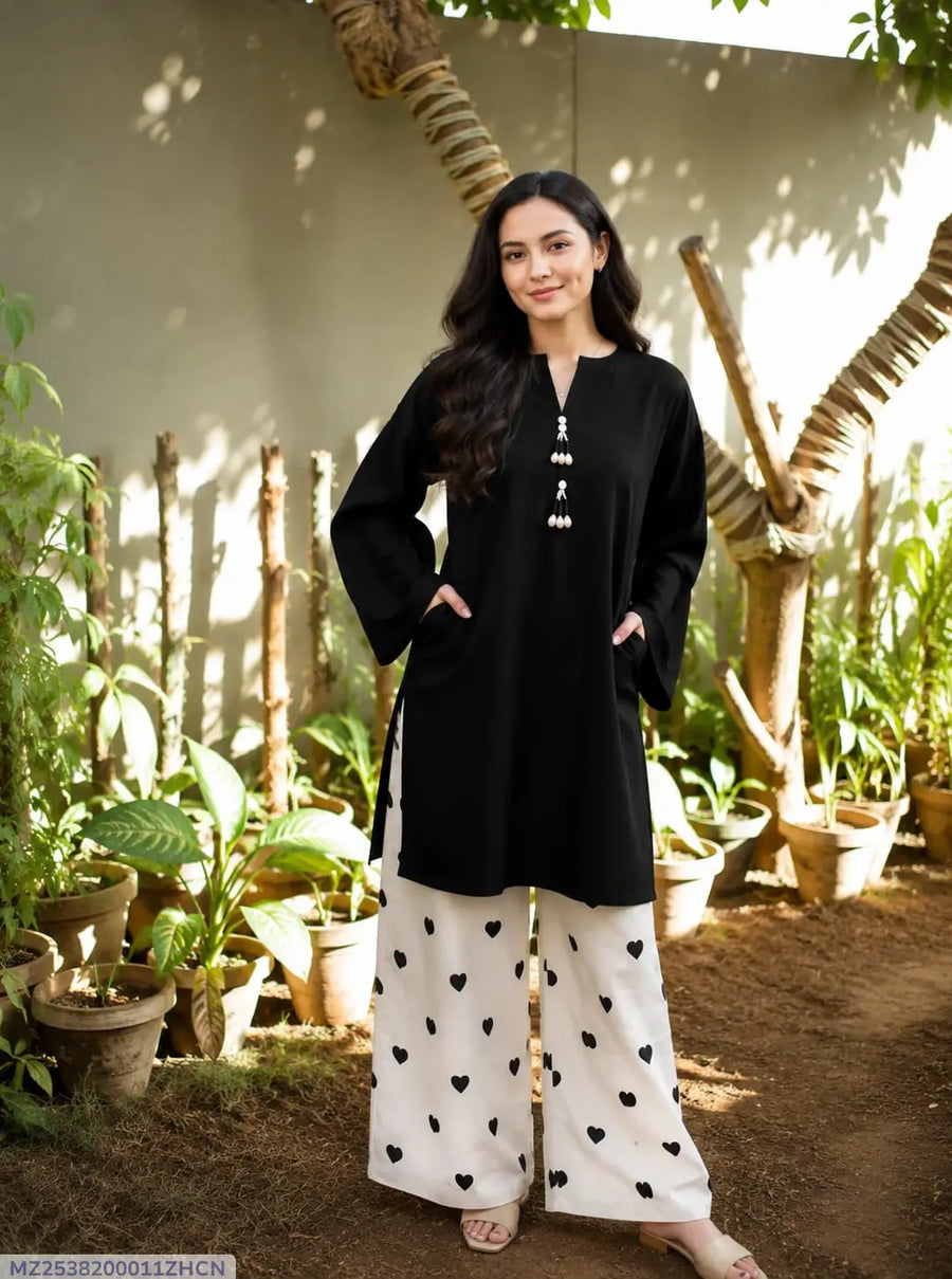 2 Pcs Women's Stitched Cotton Plain Shirt And Trouser