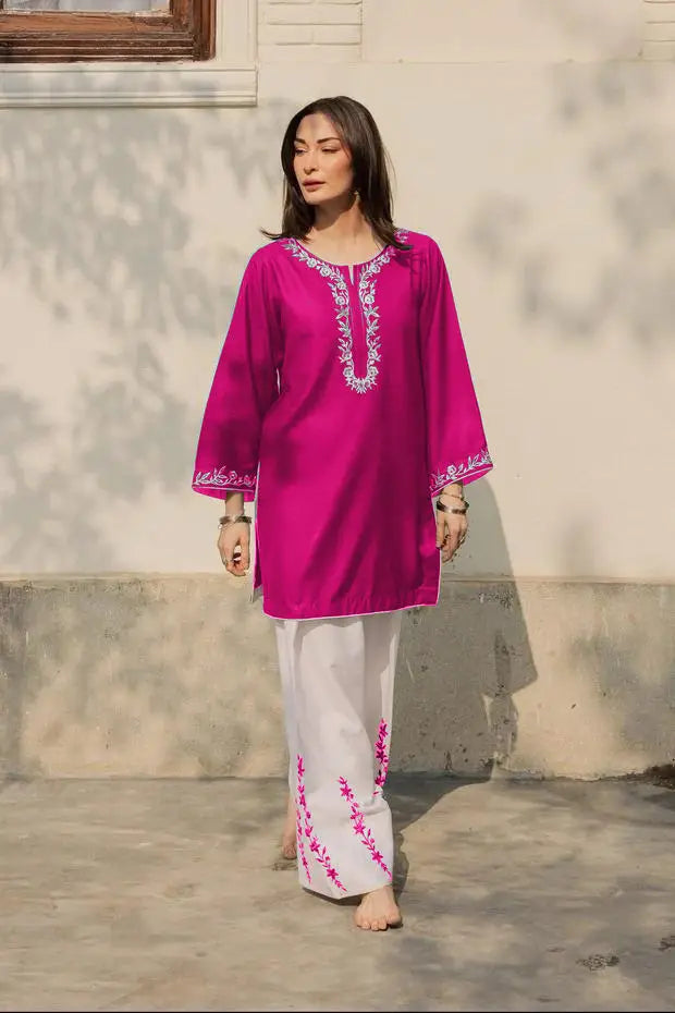 2 Pcs Women's Stitched Cotton Embroidered Shirt And Trouser - Pink