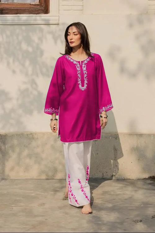 2 Pcs Women's Stitched Cotton Embroidered Shirt And Trouser - Pink