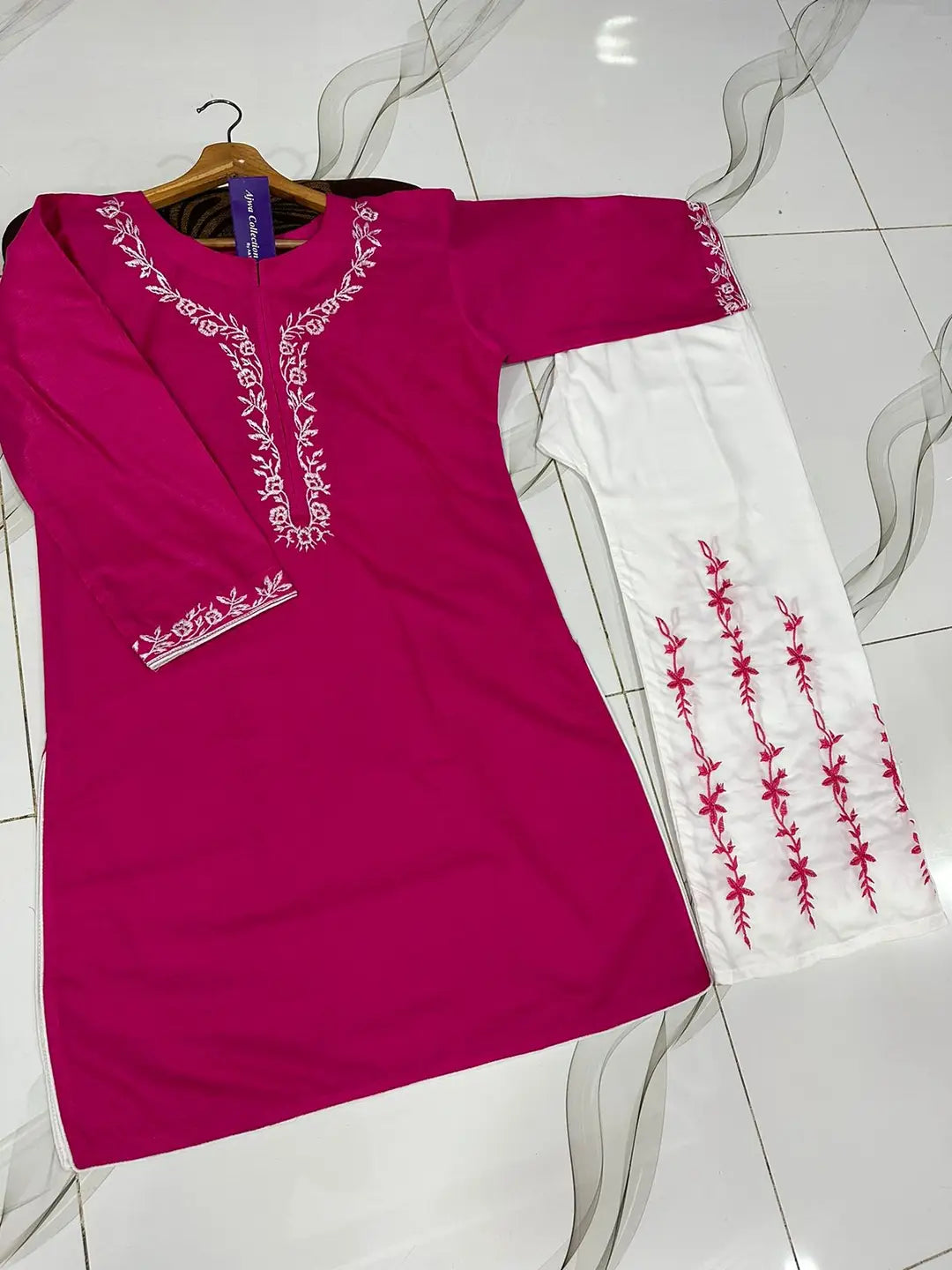 2 Pcs Women's Stitched Cotton Embroidered Shirt And Trouser - Pink