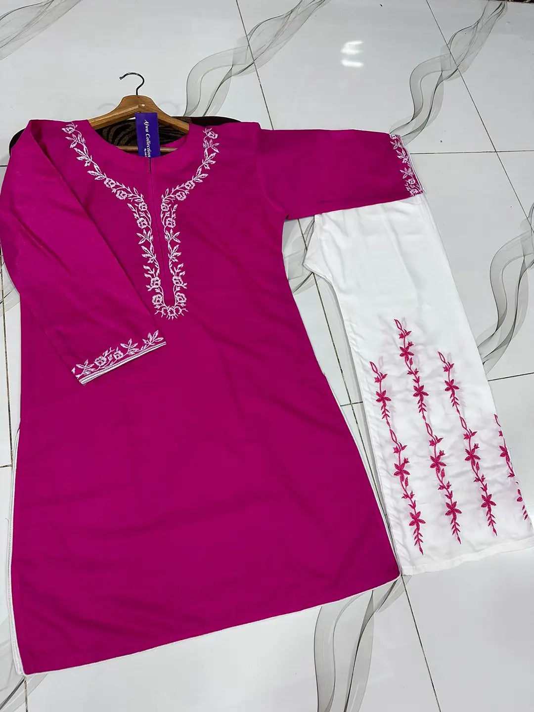 2 Pcs Women's Stitched Cotton Embroidered Shirt And Trouser - Pink