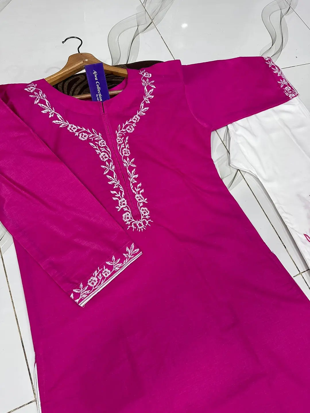 2 Pcs Women's Stitched Cotton Embroidered Shirt And Trouser - Pink