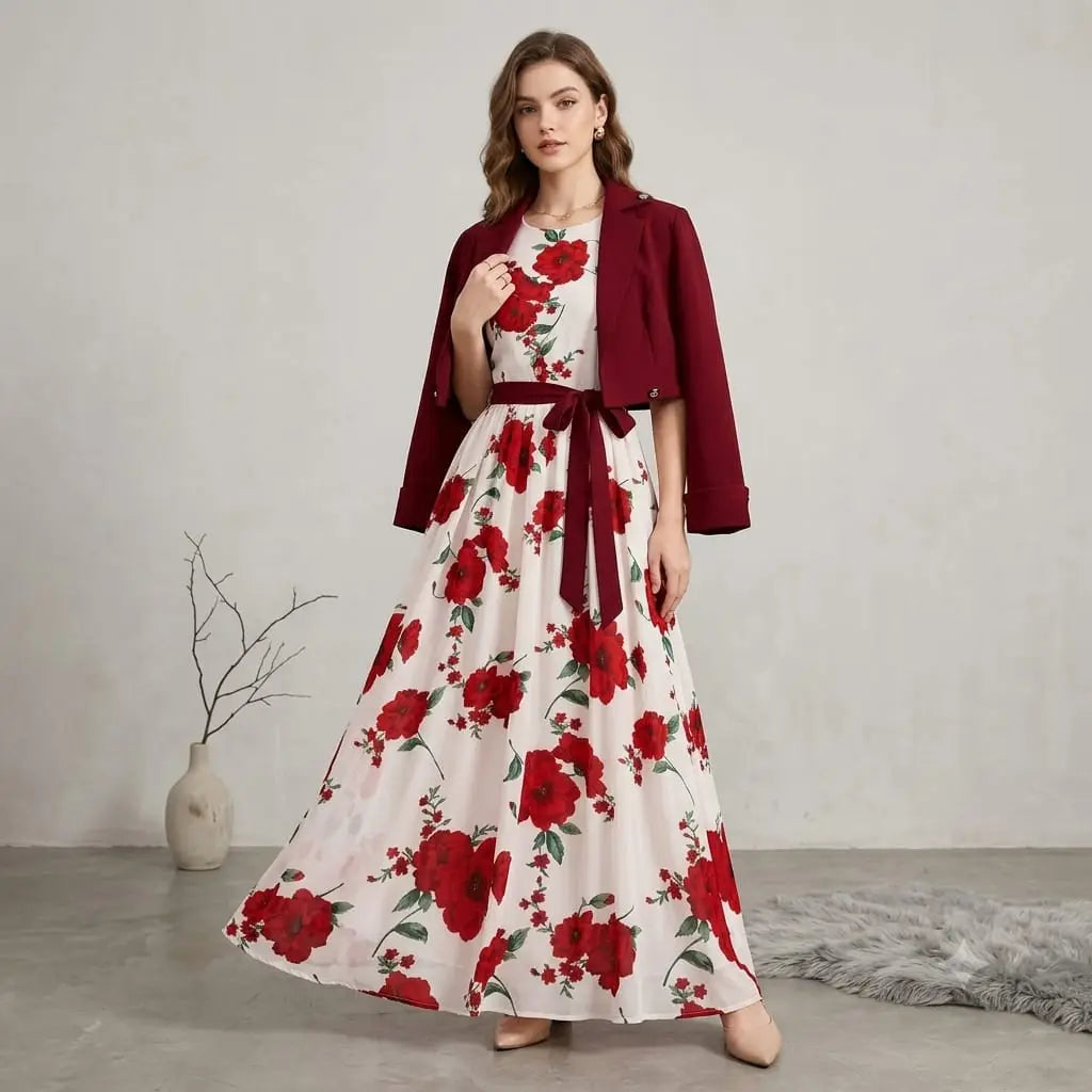 2 Pcs Women's Stitched Silk Printed Maxi Suit - Maroon