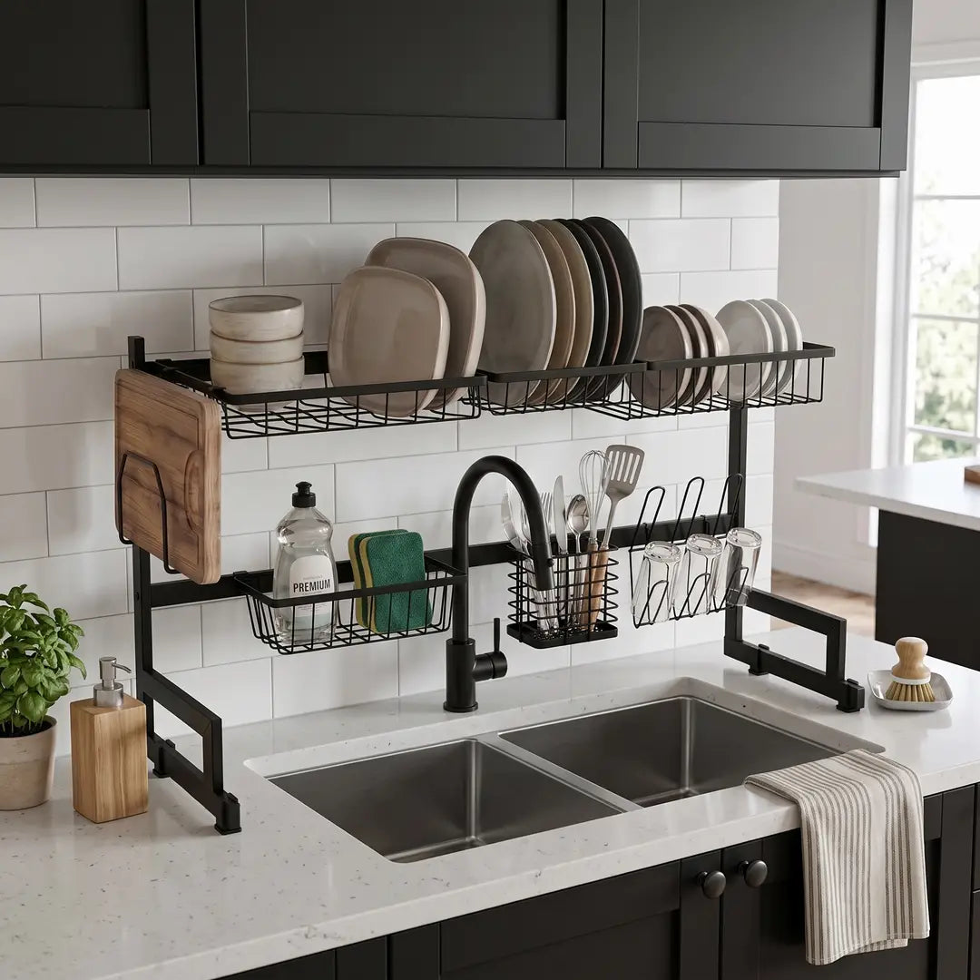 Over The Sink Dish Drying Rack with Fruit Basket Kitchen Counter Bowl Fork Cup Spoon Dish Drainer Dish Rack Matte Black