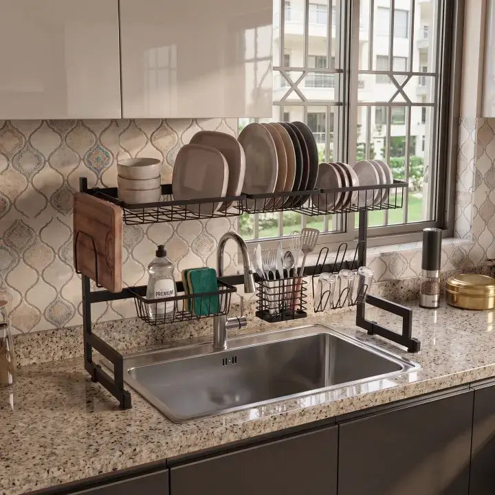 Over The Sink Dish Drying Rack with Fruit Basket Kitchen Counter Bowl Fork Cup Spoon Dish Drainer Dish Rack Matte Black