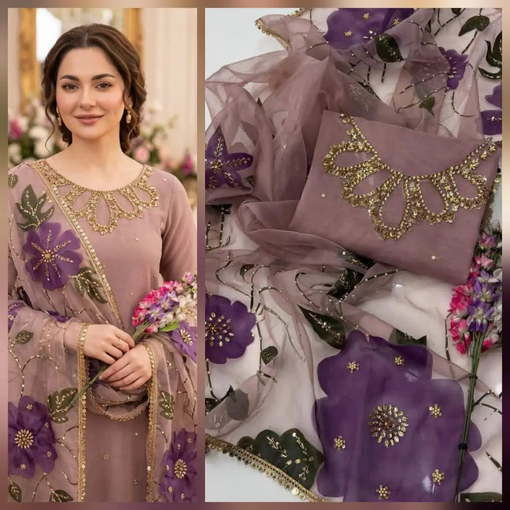 3 Pcs Women's Unstitched Sequins Embroidered Suit