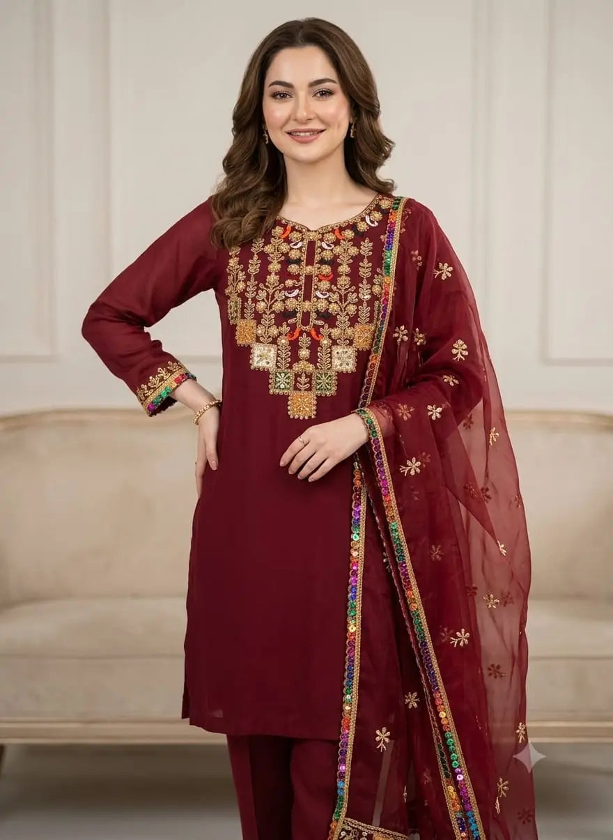 3 Pcs Women's Unstitched Embroidered Suit