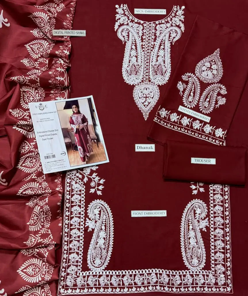 3 Pcs Women's Unstitched Embroidered Suit