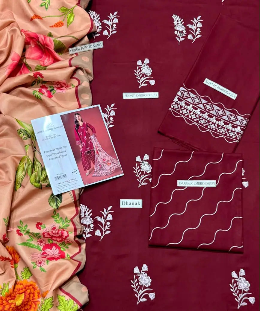 3 Pcs Women's Unstitched Embroidered Suit