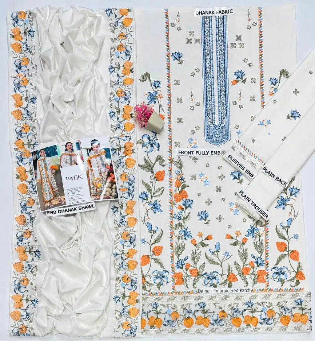 3 Pcs Women's Unstitched Embroidered Suit(HB)