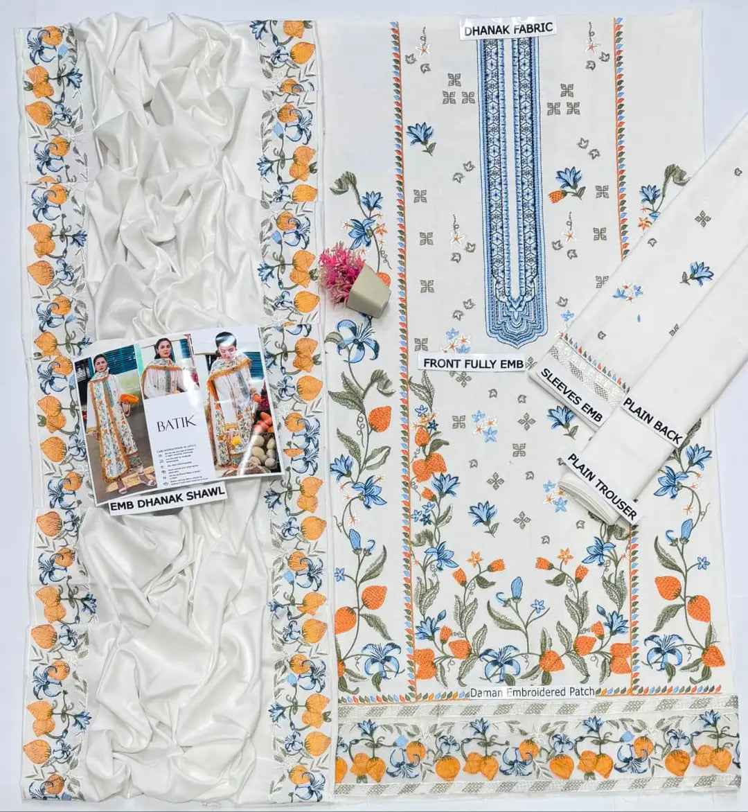 3 Pcs Women's Unstitched Embroidered Suit(HB)