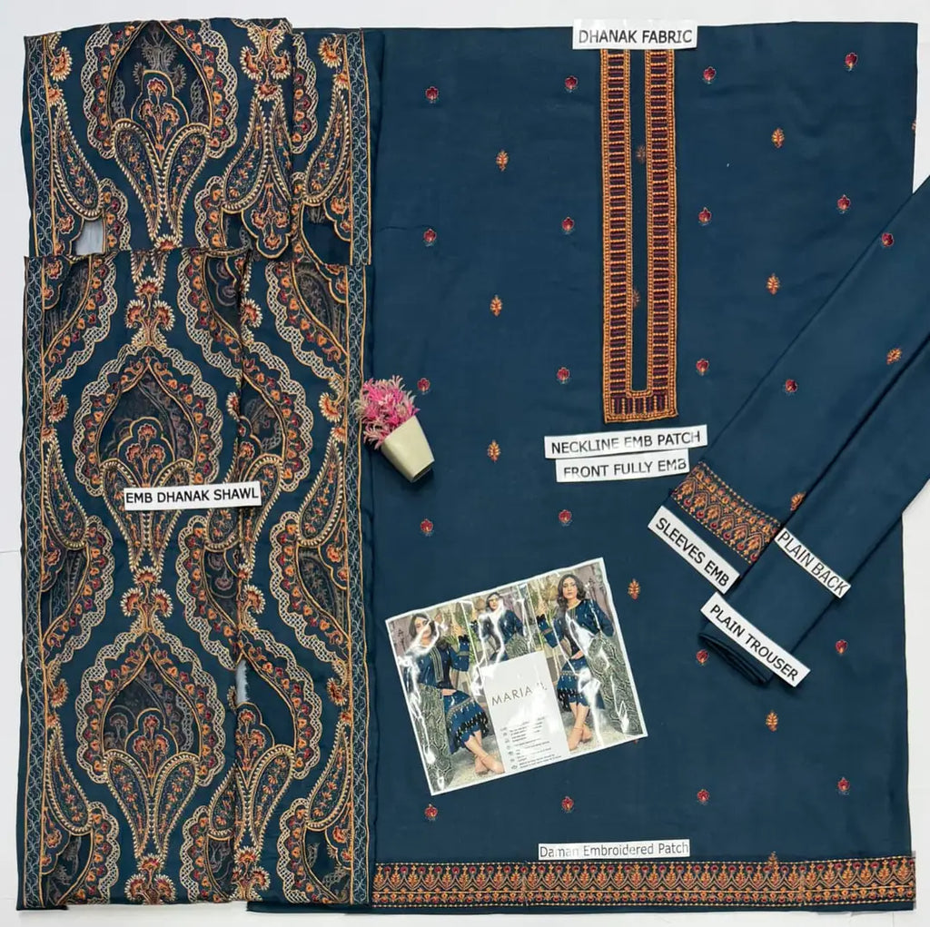 3 Pcs Women's Unstitched Embroidered Suit(HB)