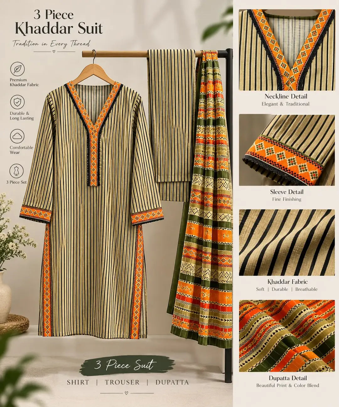 3 Pcs Women's Stitched Khaddar Printed Suit