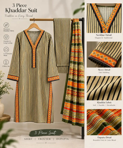 3 Pcs Women's Stitched Khaddar Printed Suit