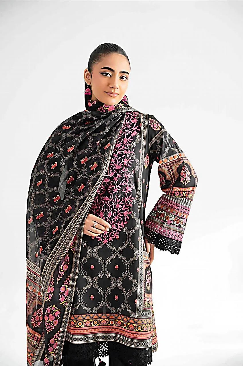 3-Piece Printed Linen Suit Black Pink Gold