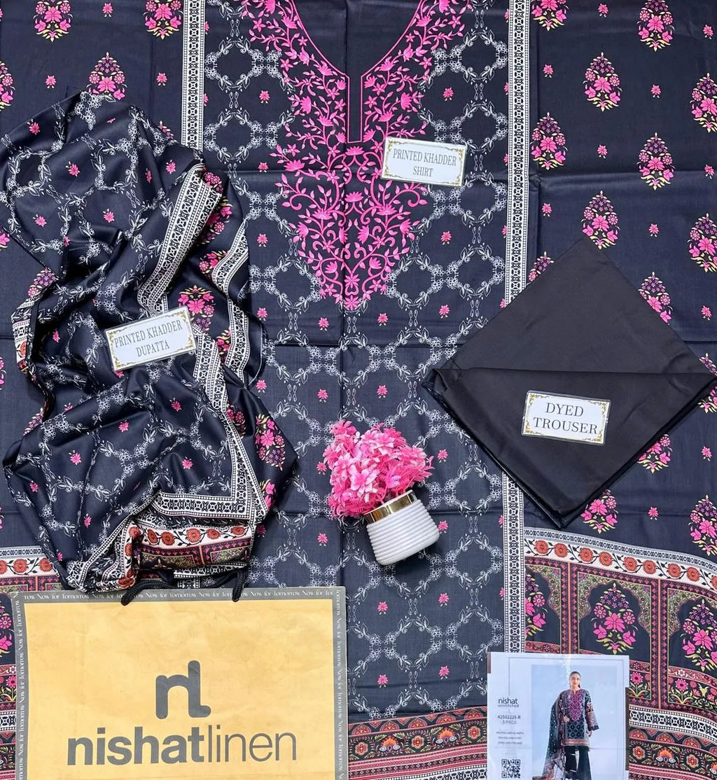 3-Piece Printed Linen Suit Black Pink Gold