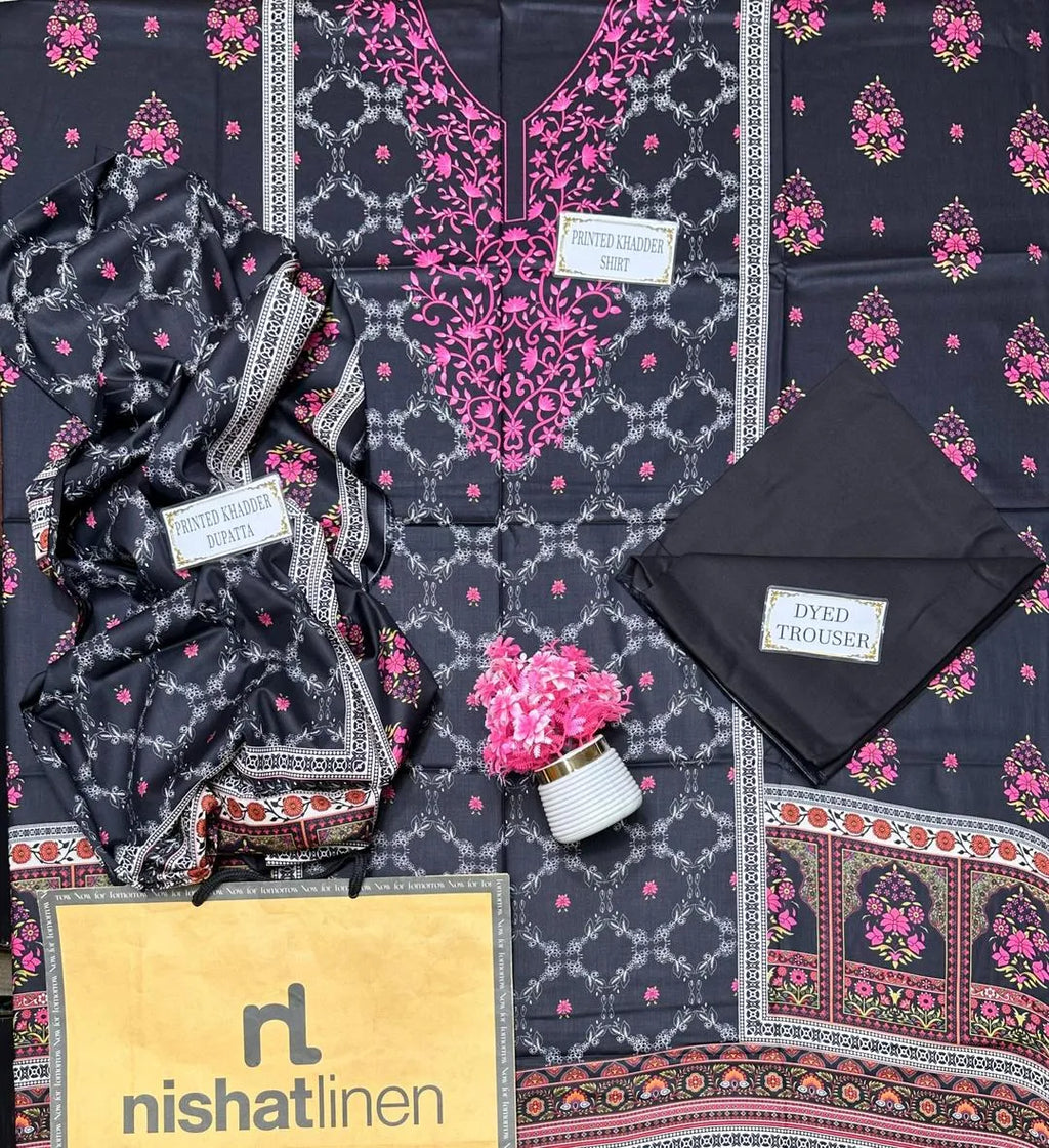 3-Piece Printed Linen Suit Black Pink Gold