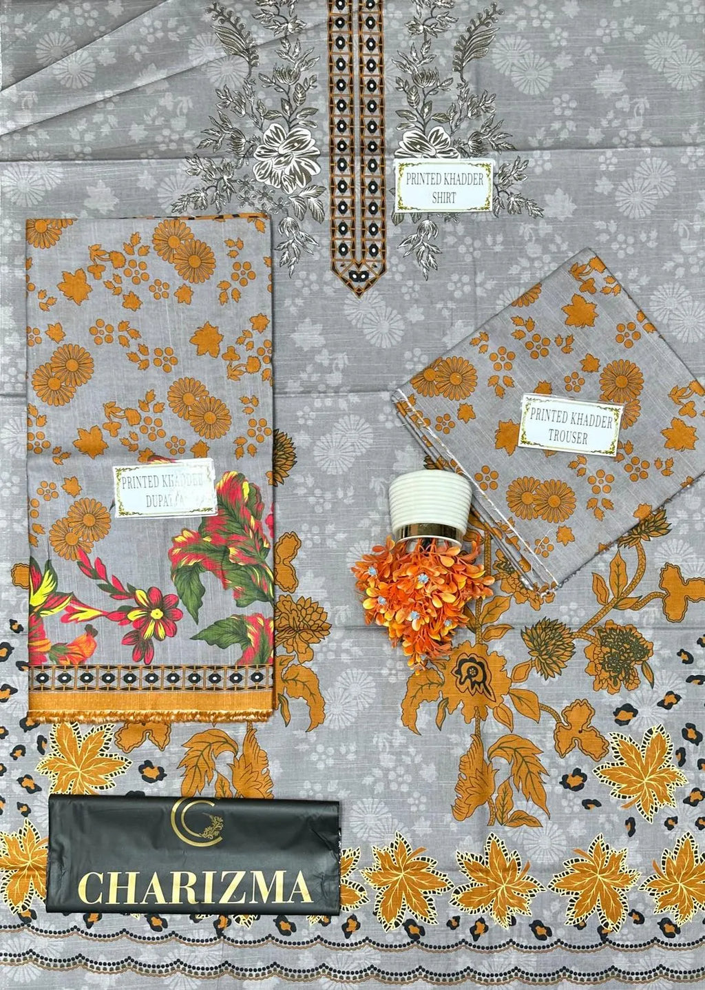 3-Piece Printed Khaddar Suit Grey Orange Leopard
