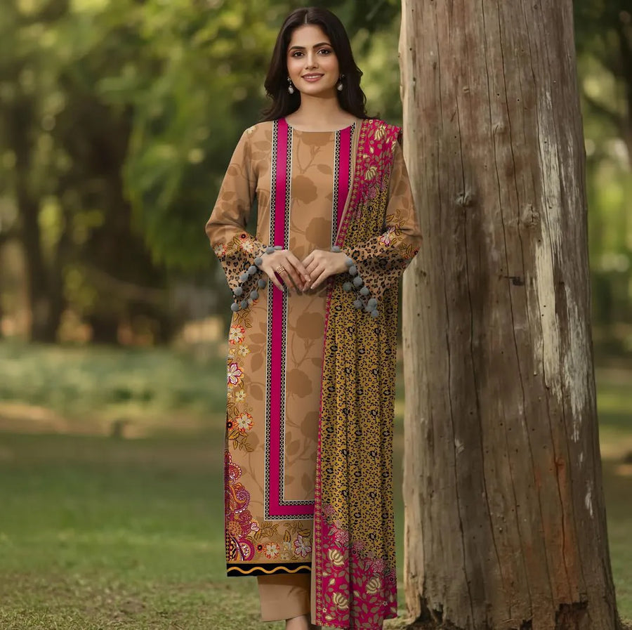 Pakistani Women's Brown Floral Embroidered Kurta Set