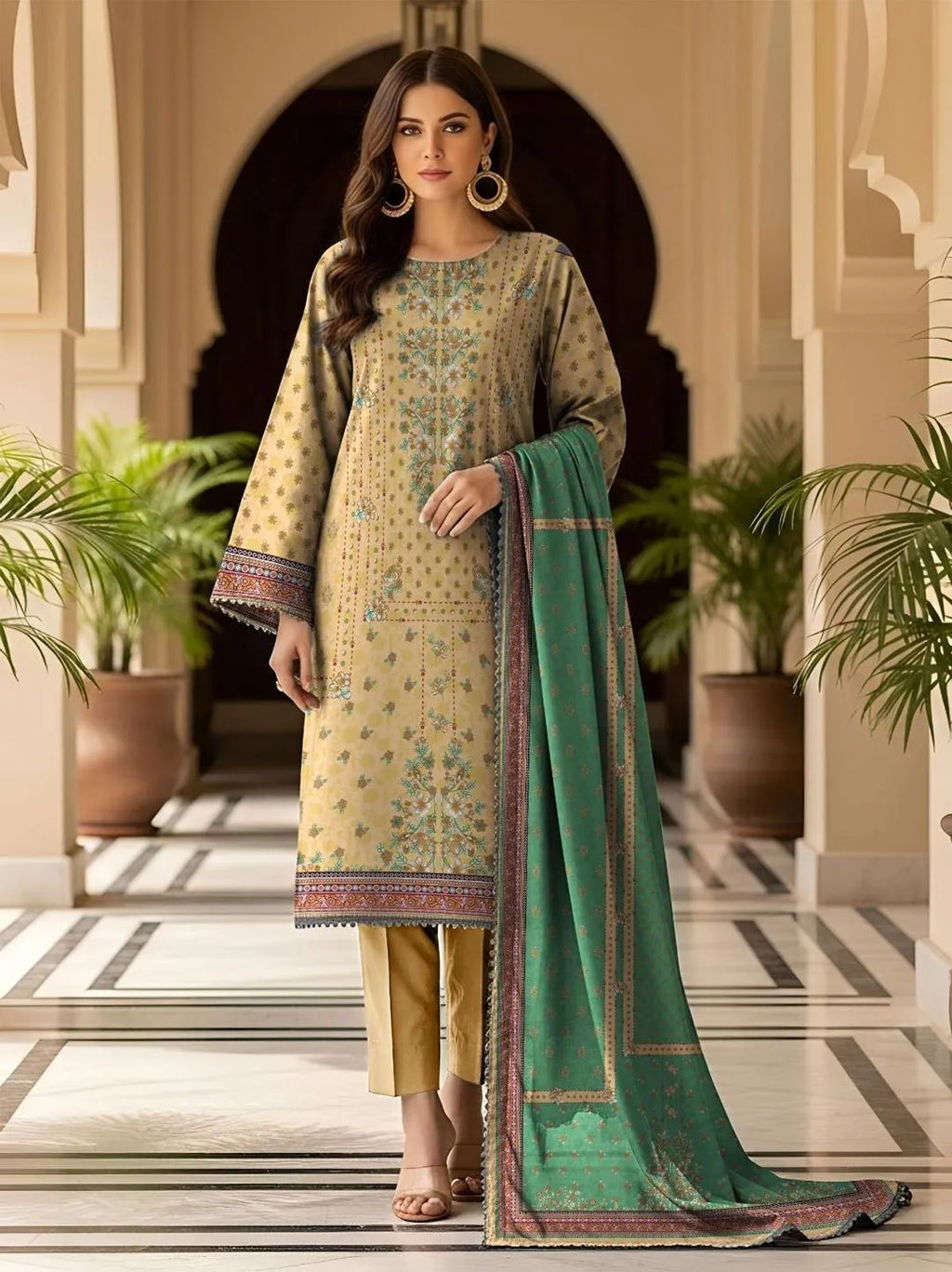 Yellow Printed Dobby Lawn 3Pcs Suit
