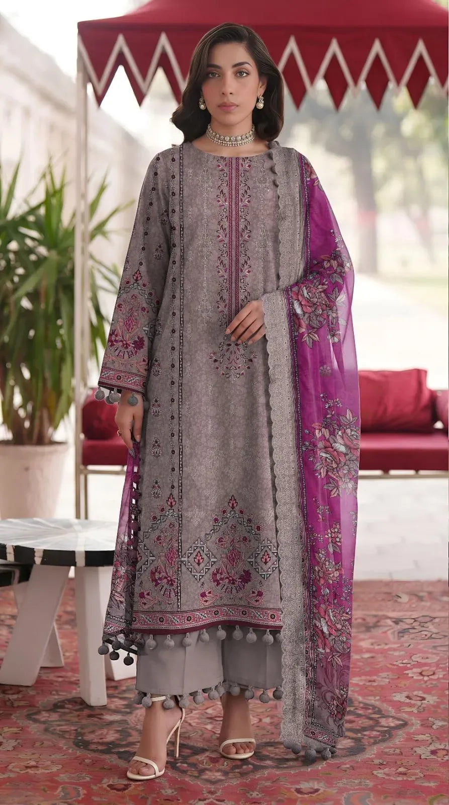 Embroidered Lawn Shirt with Printed Dupatta Brown 3Pcs
