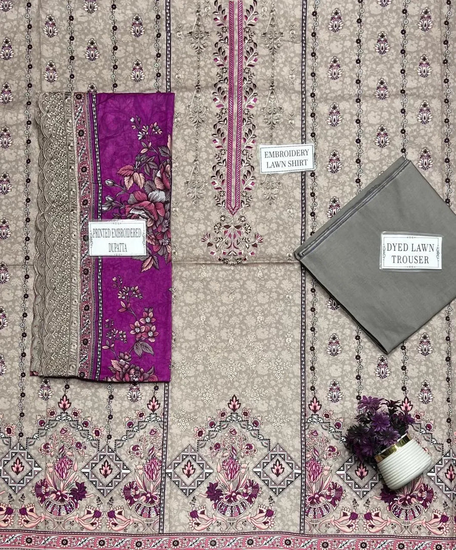 Embroidered Lawn Shirt with Printed Dupatta Brown 3Pcs