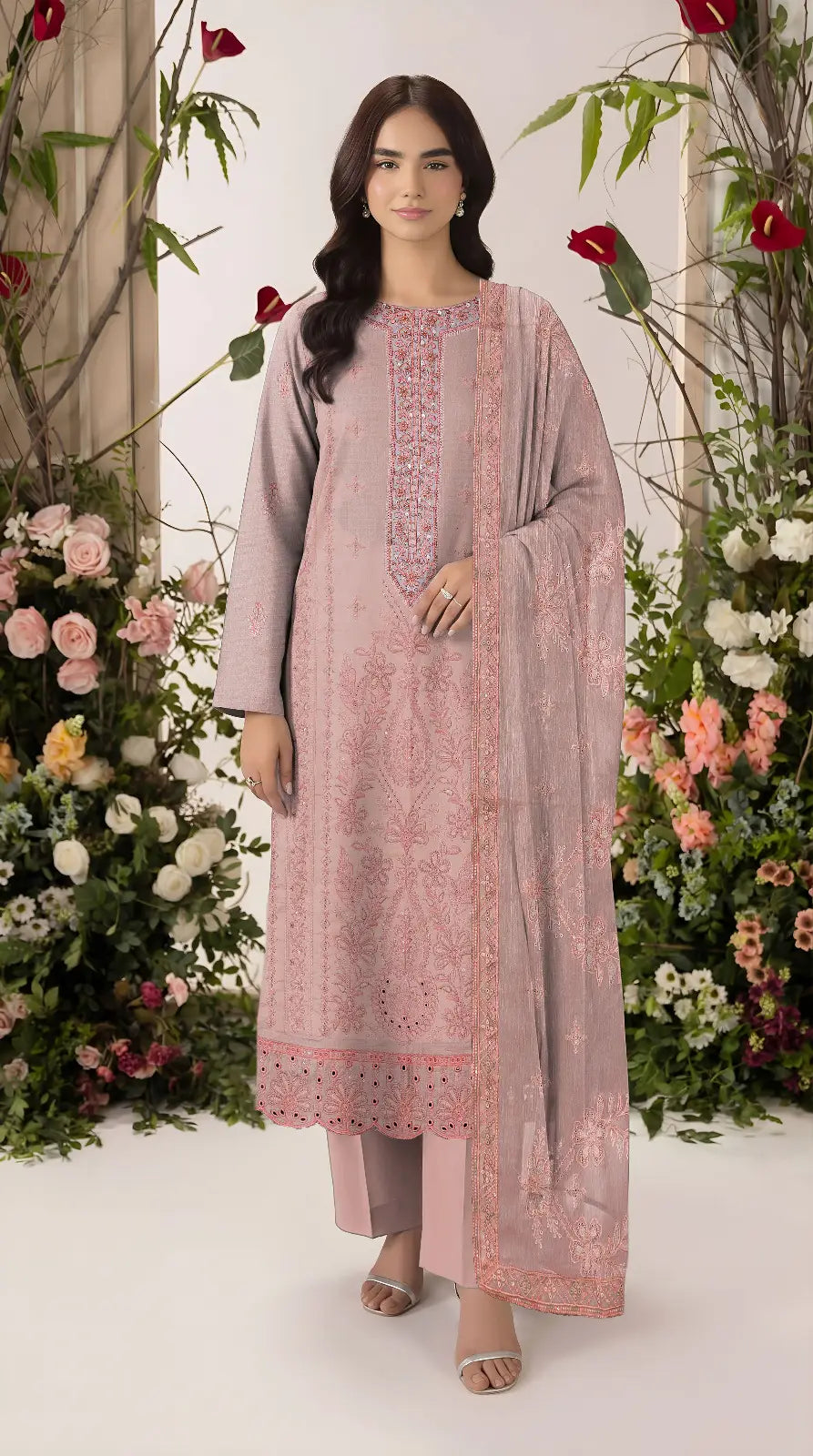 3 Pcs Women's Unstitched Plain Suit - Peach