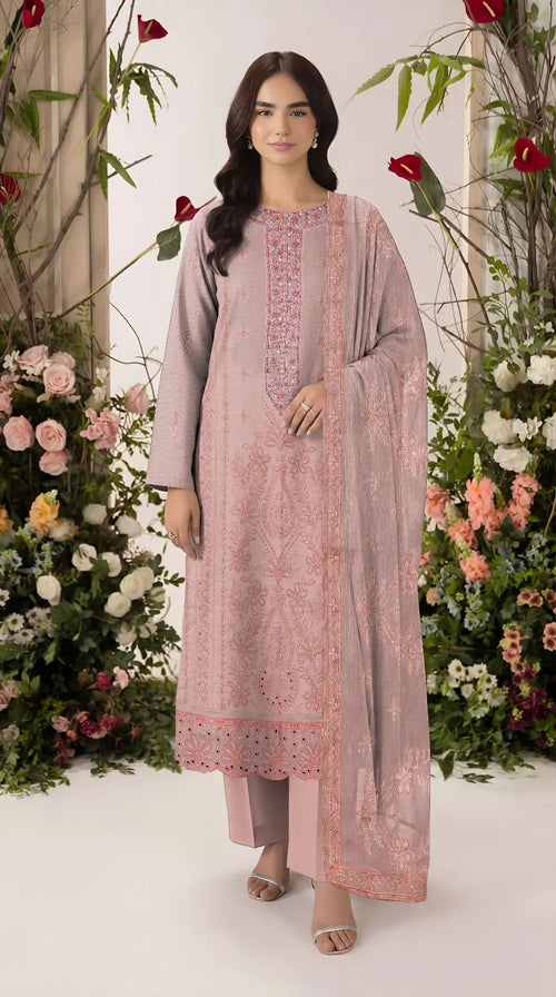 3 Pcs Women's Unstitched Plain Suit - Peach