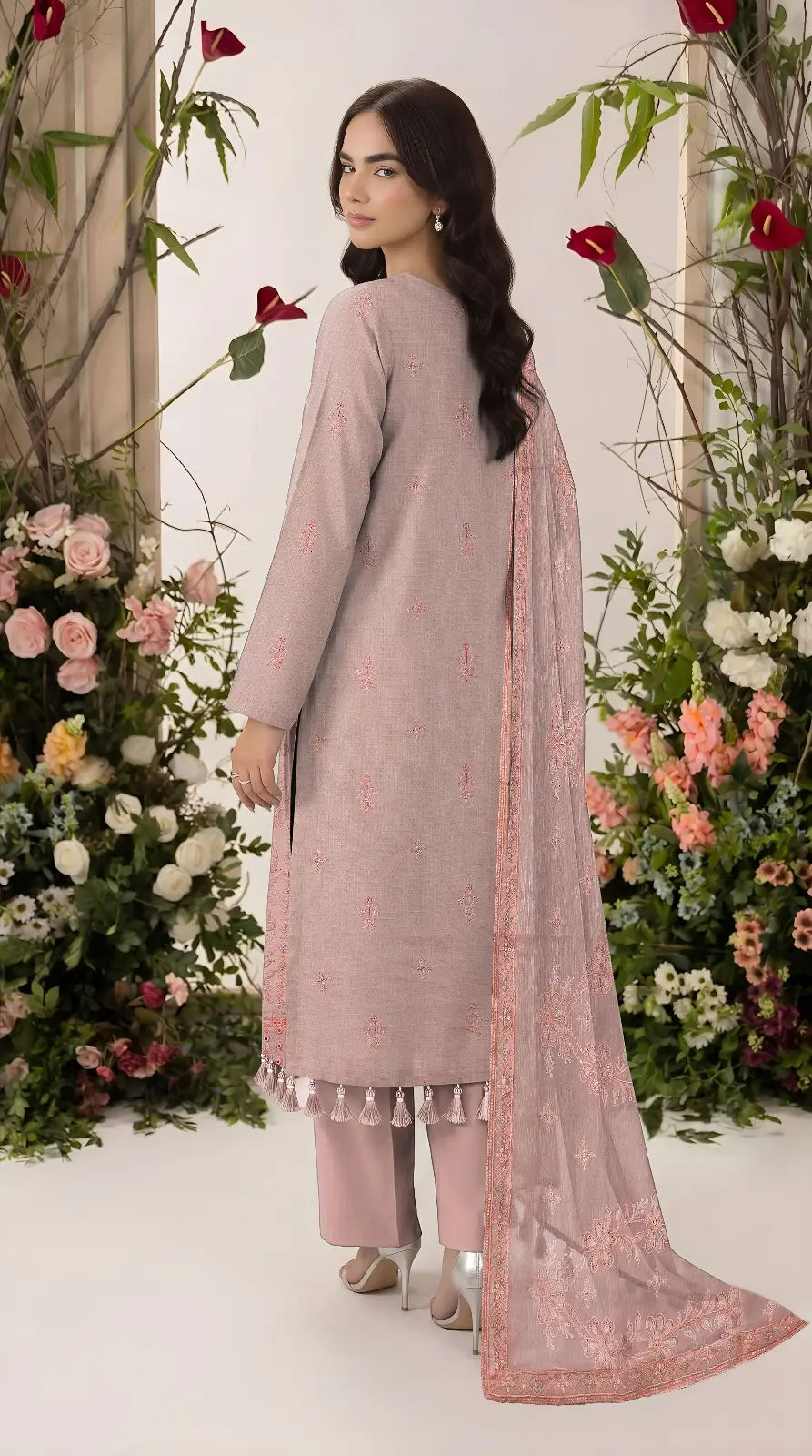 3 Pcs Women's Unstitched Plain Suit - Peach