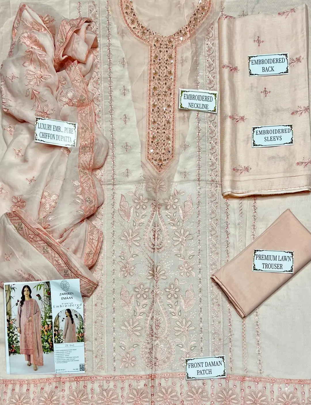 3 Pcs Women's Unstitched Plain Suit - Peach