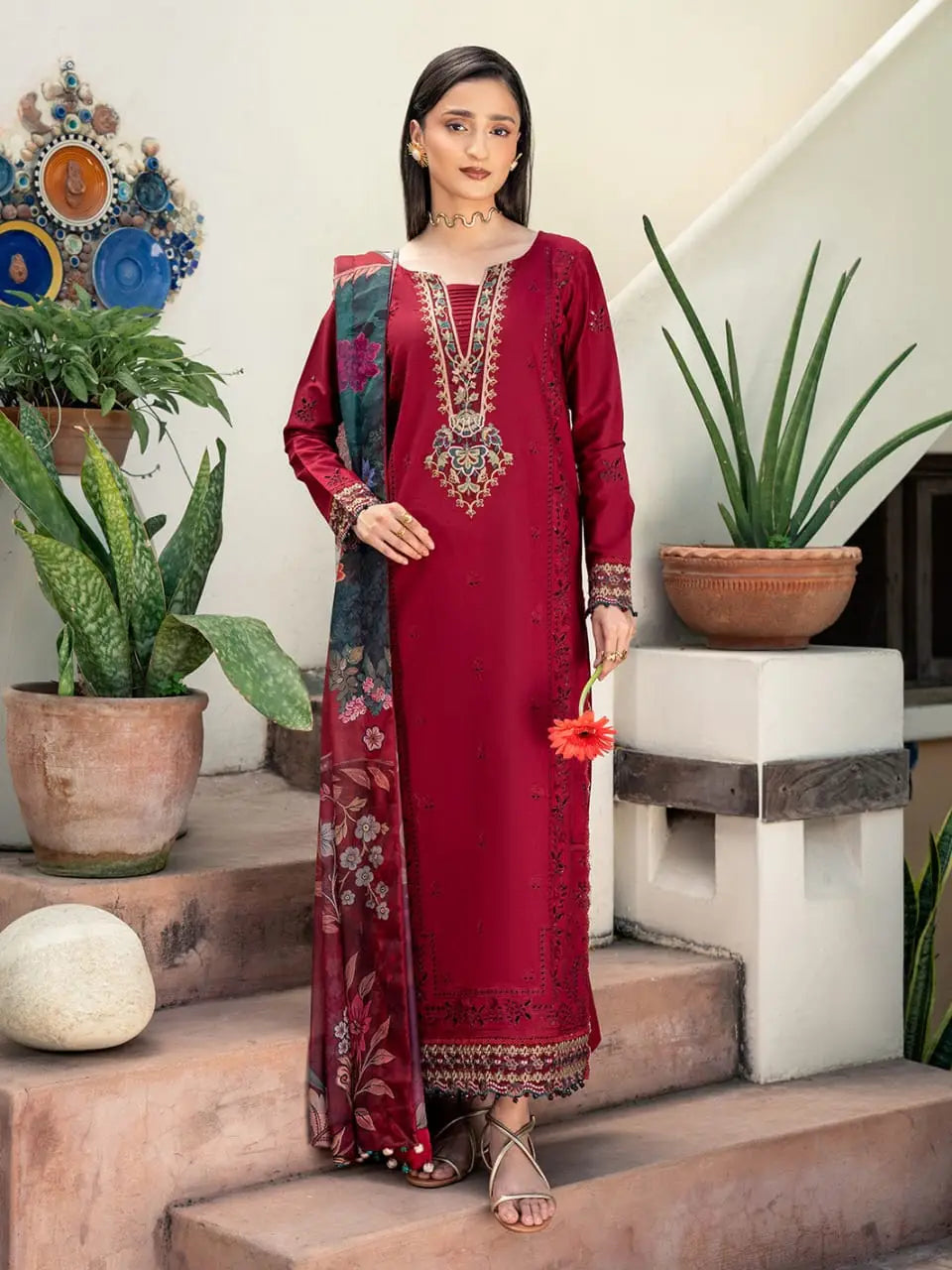 3 Pcs Women's Unstitched Embroidered Suit(HB)