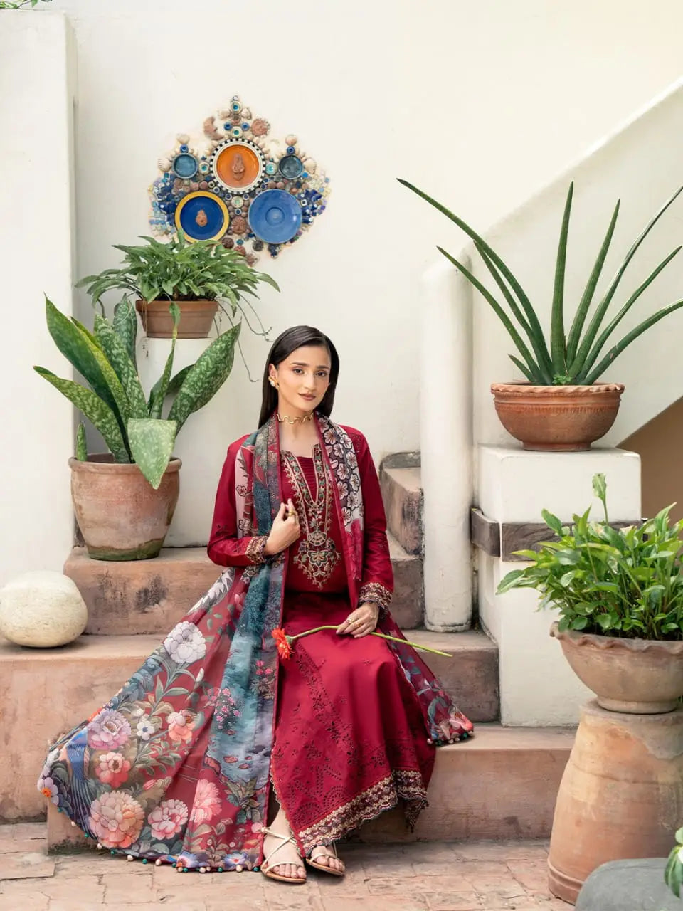 3 Pcs Women's Unstitched Embroidered Suit(HB)