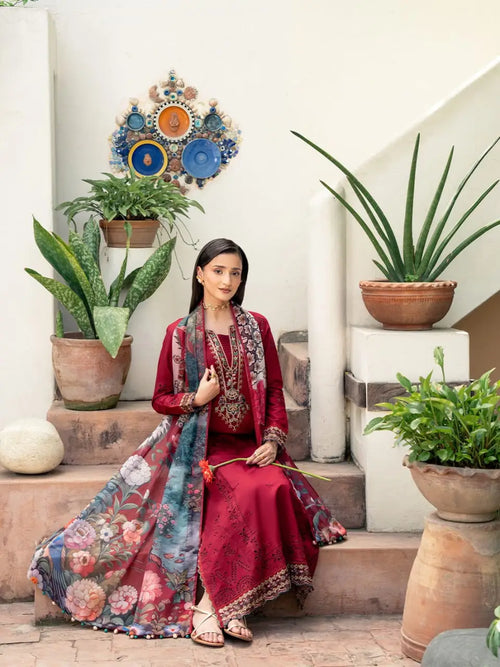 3 Pcs Women's Unstitched Embroidered Suit(HB)