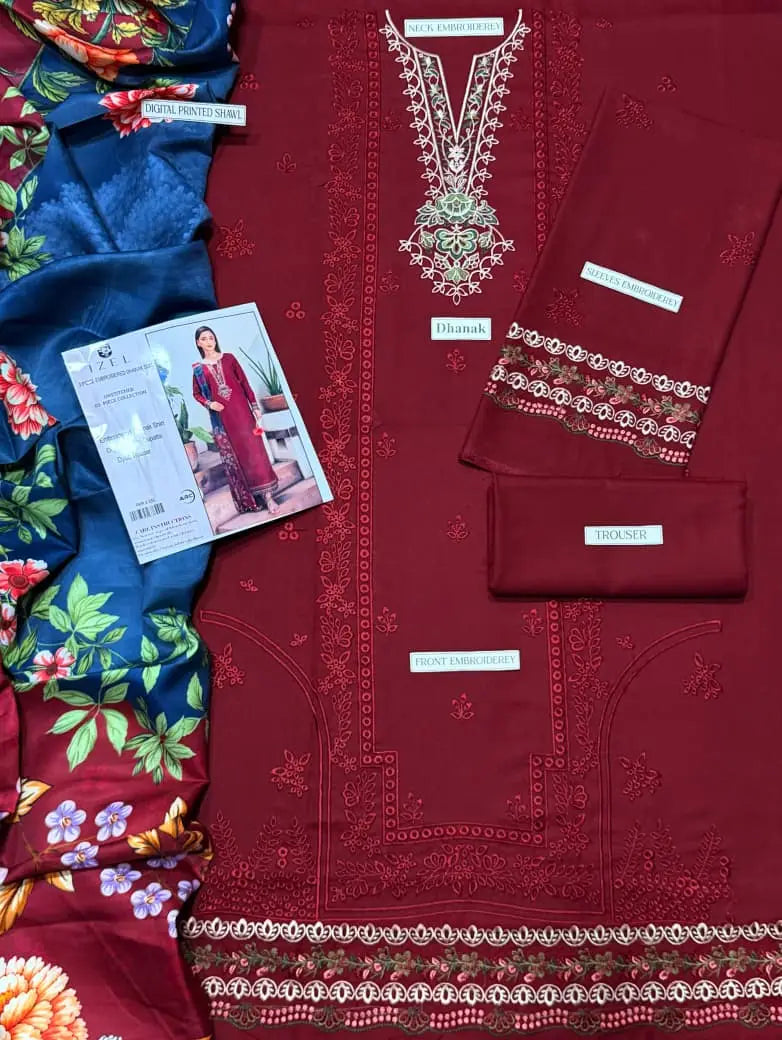 3 Pcs Women's Unstitched Embroidered Suit(HB)