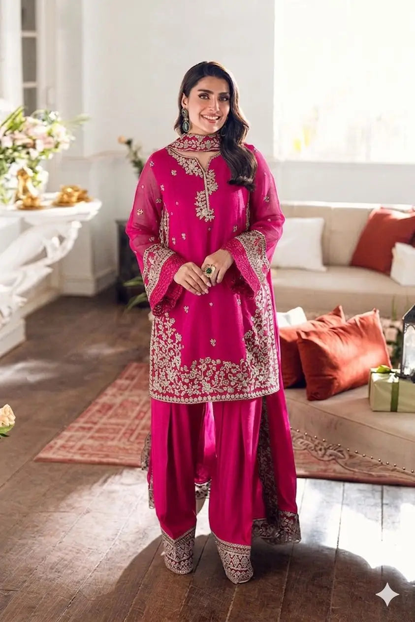 3 Pcs Women's Unstitched Embroidered Suit(HB)