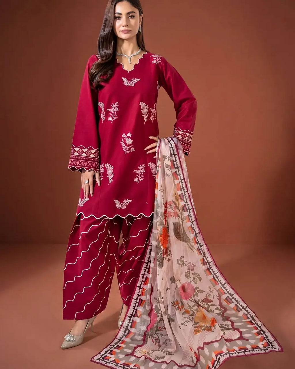 3 Pcs Women's Unstitched Embroidered Suit(HB)