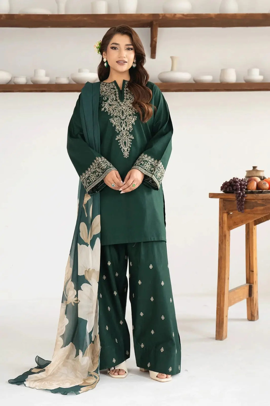 3 Pcs Women's Unstitched Embroidered Suit(HB)
