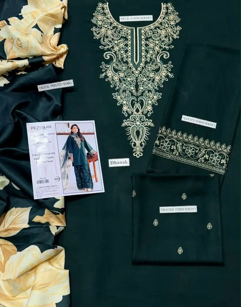3 Pcs Women's Unstitched Embroidered Suit(HB)