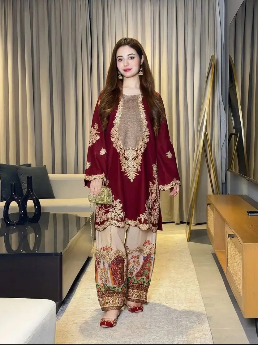 3 Pcs Women's Unstitched Embroidered Suit(HB)